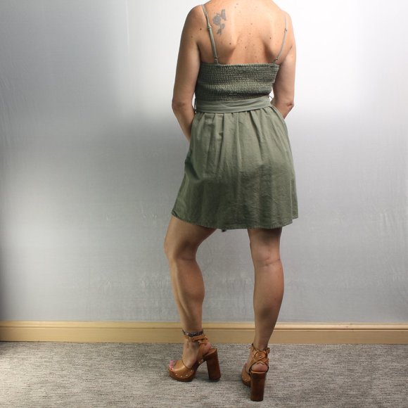 Olive Green Halter Spaghetti Strap Mini Dress with Pockets and Buttons Size S - Picture 7 of 11